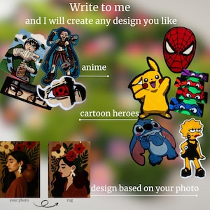 May include: A collection of colorful, custom-designed rugs and patches featuring anime characters, cartoon heroes, and designs based on photos. The image includes text that says "Write to me and I will create any design you like."