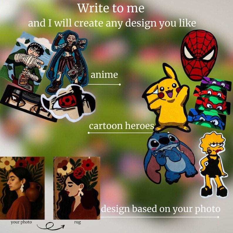 May include: A collection of colorful, custom-designed rugs and patches featuring anime characters, cartoon heroes, and designs based on photos. The image includes text that says "Write to me and I will create any design you like."