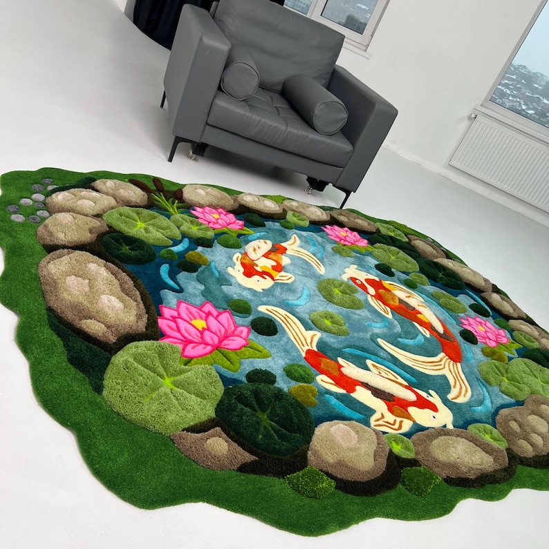Large hand tufted koi pond rug with 3D texture, koi fish and lotus flowers, Japanese garden inspired area rug