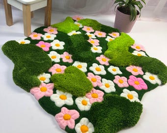 3D-Teppich mit botanischem Motiv, handgeknüpfter Blumenwiesen-Teppich, Moos-Teppich mit Reliefstruktur, auffälliger getufteter Teppich, naturinspirierte Dekoration