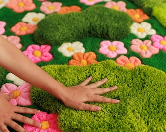 Pink Green Moss Rug, 3D Floral Nursery Carpet, Handmade Fairycore Playroom Rug
