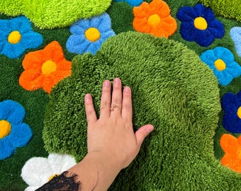 3D Flower Moss Rug, Custom Tufted Floral Area Rug, Colorful Botanical Carpet, Irregular Handmade Nature Decor