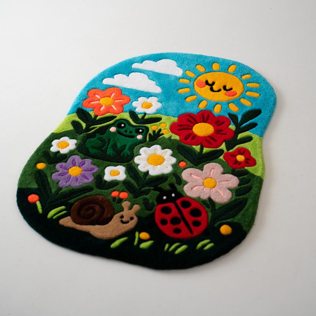 Glade Nursery Rug – Handmade Tufted Kids Playmat With Flowers, Frog ...