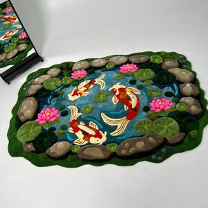 Large hand tufted koi pond rug with 3D texture, koi fish and lotus flowers, Japanese garden inspired area rug
