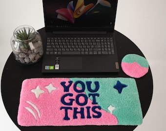 Tufted Keyboard Rug, Ergonomic Typing Support, Colorful Quote Design