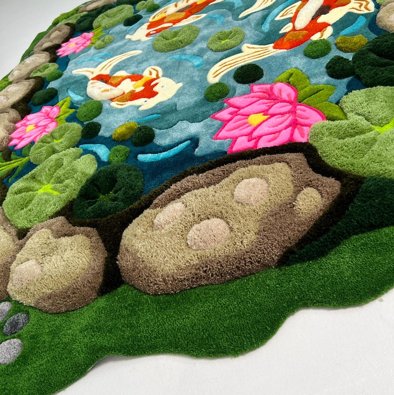 Oversized hand tufted koi pond area rug with layered 3D texture, inspired by Japanese garden and nature