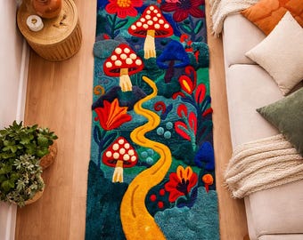 May include: A whimsical, rectangular rug featuring a vibrant forest scene. The rug showcases red and white mushroom designs, colorful flowers, and a winding yellow river. The color palette includes shades of green, blue, red, and yellow, creating a playful and inviting aesthetic.