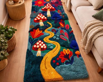 Hand Tufted Moss Runner Rug, Woodland Forest Hallway Carpet, Mushroom Floral Long Rug, Custom Nature Home Decor