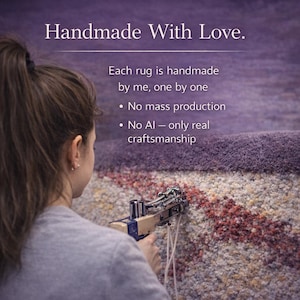 May include: A person using a tufting gun to create a rug with purple, white, and red fibers. Text reads: Handmade With Love. Each rug is handmade by me, one by one. No mass production. No AI &mdash; only real craftsmanship.