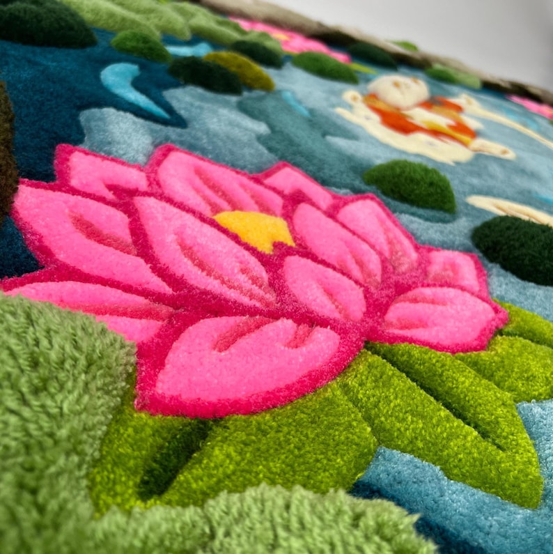 Oversized hand tufted koi pond area rug with layered 3D texture, inspired by Japanese garden and nature