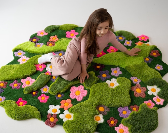 Moss Tufted Rug Fairy Tale Nursery Rug–Handmade tufted rug, Soft Grass Carpet for Enchanted Rooms & Cozy Spaces