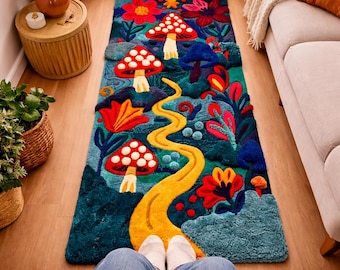 Woodland Hallway Runner Rug, Mushroom Runner Rug, Hand Tufted Cottagecore Corridor Rug, Fairycore Long Floor Runner