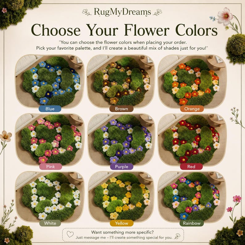 May include: A product display board titled RugMyDreams Choose Your Flower Colors featuring nine circular rug samples with green moss-like textures and various colored flower accents including blue, brown, orange, pink, purple, red, white, yellow, and rainbow.