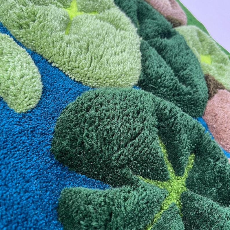 Hand tufted koi pond rug with koi fish and lotus flowers, nature inspired 3D area rug