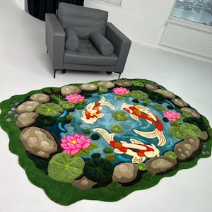 Hand tufted koi pond rug with koi fish and lotus flowers, nature inspired 3D area rug