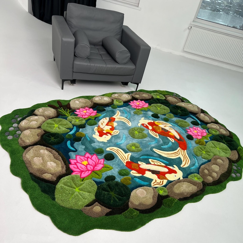 Hand tufted koi pond rug with koi fish and lotus flowers, nature inspired 3D area rug