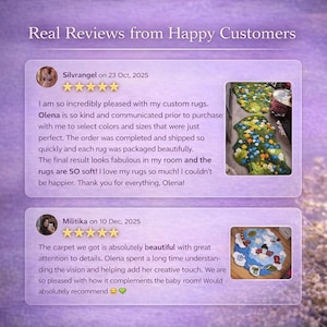 May include: A graphic display titled Real Reviews from Happy Customers featuring two customer testimonials. The first shows a five-star review with photos of green, floral-patterned rugs. The second shows a five-star review with a blue rug featuring cloud and character motifs.