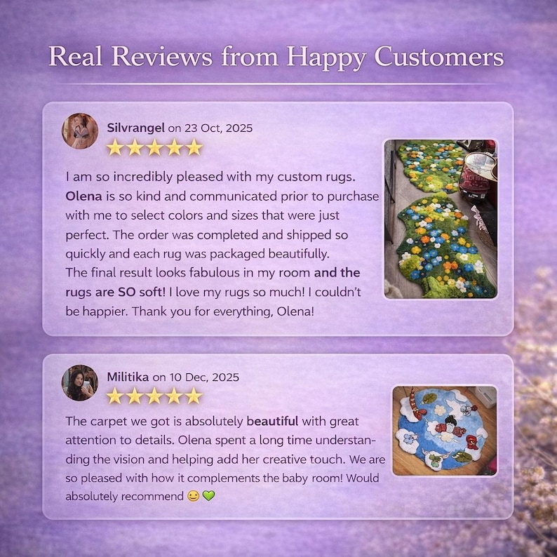 May include: A graphic display titled Real Reviews from Happy Customers featuring two customer testimonials. The first shows a five-star review with photos of green, floral-patterned rugs. The second shows a five-star review with a blue rug featuring cloud and character motifs.