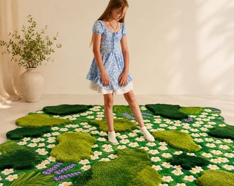 Fairycore Moss Meadow Rug, Nursery Flower Rug for Kids Room