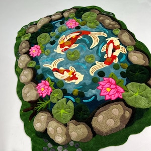 Oversized hand tufted koi pond area rug with layered 3D texture, inspired by Japanese garden and nature