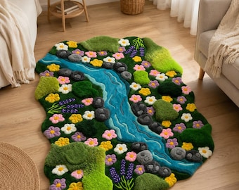 3D Moss River Rug, Cottagecore Fairycore Floor Decor, Handmade Tufted Cutecore Floral Carpet