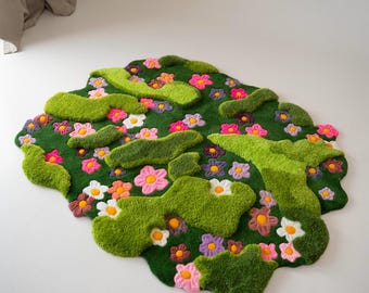 Handmade Flower Rug for Nursery – Custom Green Moss Carpet | Irregular Tufted Rug with Floral Design