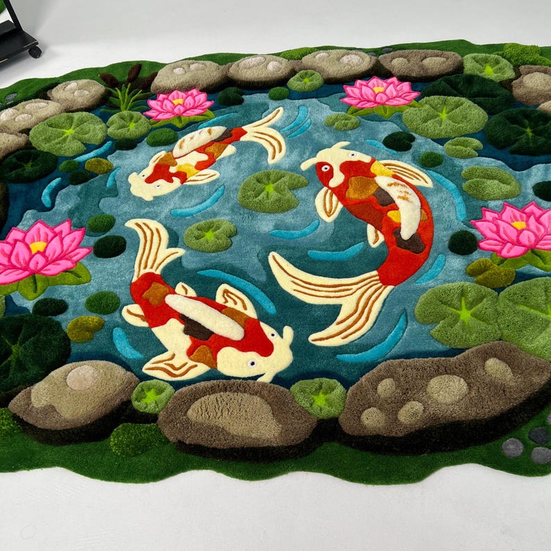 Oversized hand tufted koi pond area rug with layered 3D texture, inspired by Japanese garden and nature