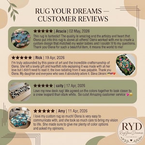 May include: A customer review graphic titled RUG YOUR DREAMS &mdash; CUSTOMER REVIEWS featuring four five-star testimonials. Each review includes a circular photo of a custom rug, the reviewer name, date, and text. A RYD Rug Your Dreams logo is in the corner.