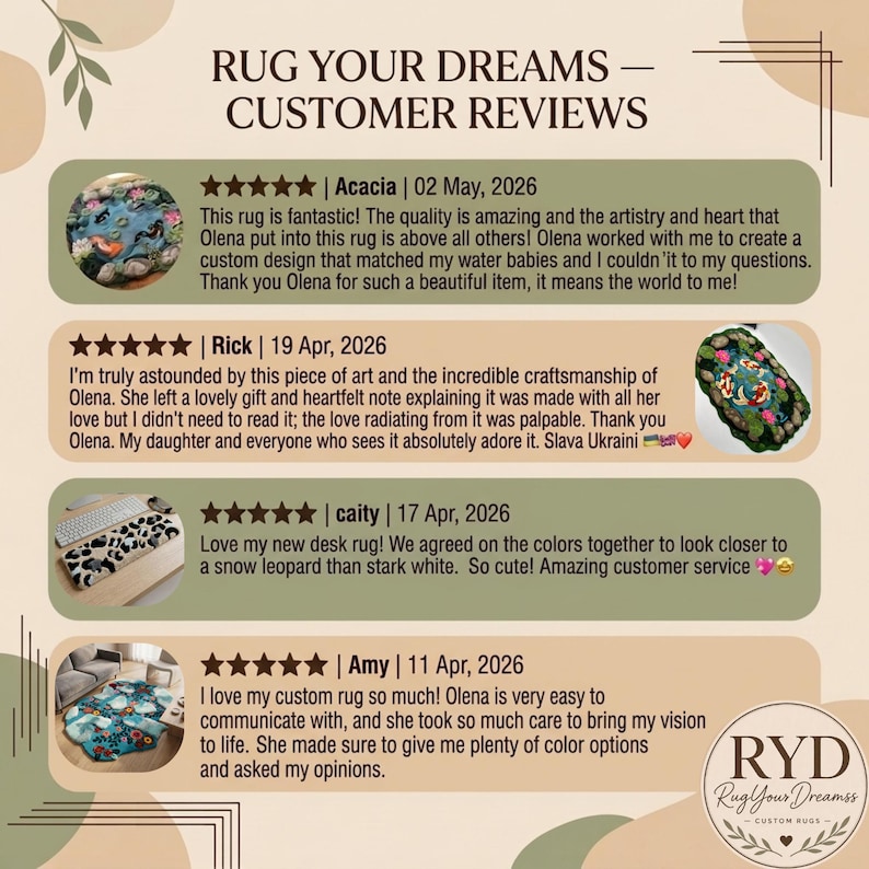 May include: A customer review graphic titled RUG YOUR DREAMS &mdash; CUSTOMER REVIEWS featuring four five-star testimonials. Each review includes a circular photo of a custom rug, the reviewer name, date, and text. A RYD Rug Your Dreams logo is in the corner.