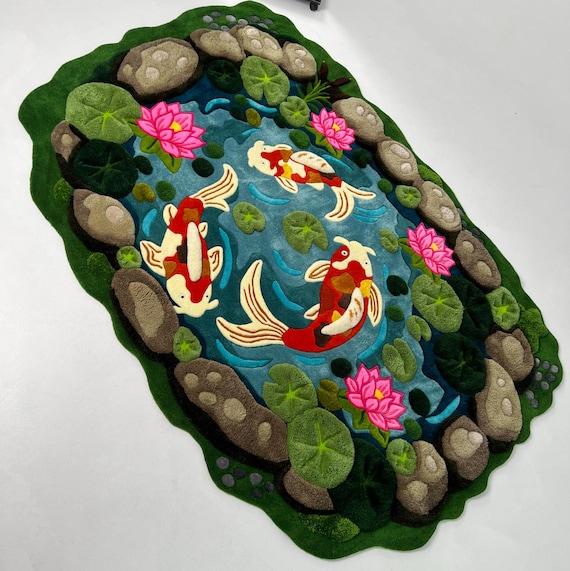 Koi Pond Rug, 3D Nature Rug, Japanese Garden Rug, Hand Tufted Large Area Rug, Water Rug, Koi Fish Rug