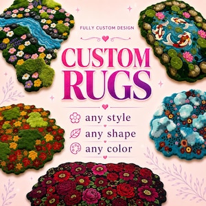 May include: Five distinct custom rugs featuring varied textures and patterns, including a river landscape, koi pond, autumn leaves, blue clouds, and red flowers. The text reads FULLY CUSTOM DESIGN, CUSTOM RUGS, any style, any shape, and any color.