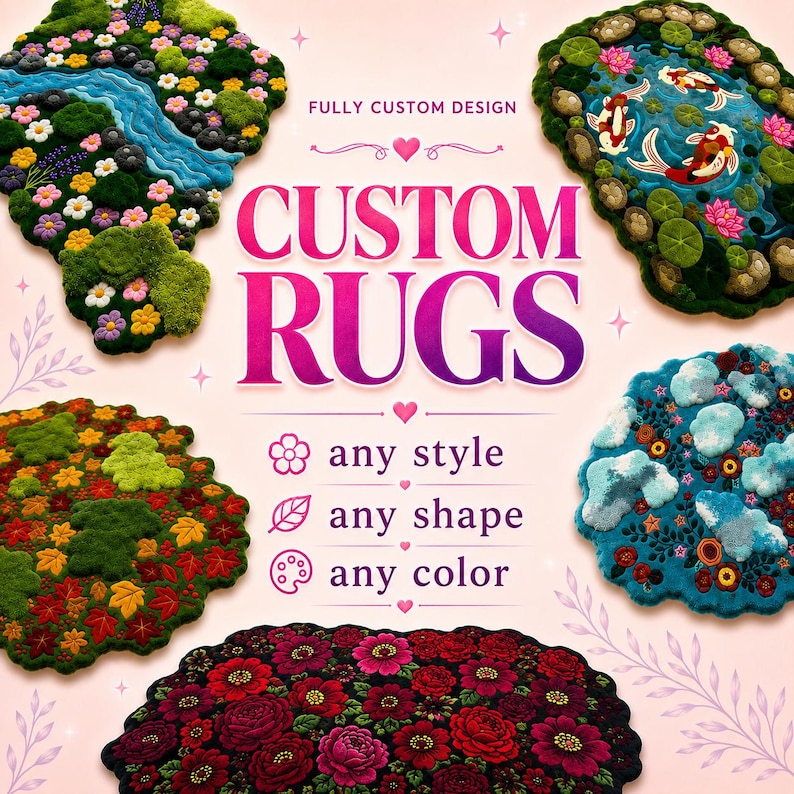 May include: Five distinct custom rugs featuring varied textures and patterns, including a river landscape, koi pond, autumn leaves, blue clouds, and red flowers. The text reads FULLY CUSTOM DESIGN, CUSTOM RUGS, any style, any shape, and any color.