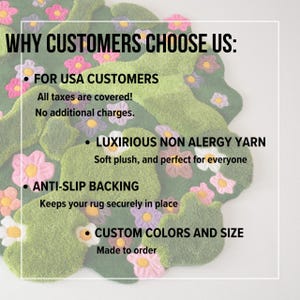 May include: A green, flower-shaped rug with pink, yellow, and purple flower accents. The text "WHY CUSTOMERS CHOOSE US" is at the top, with bullet points highlighting features like non-allergy yarn, anti-slip backing, and custom colors.