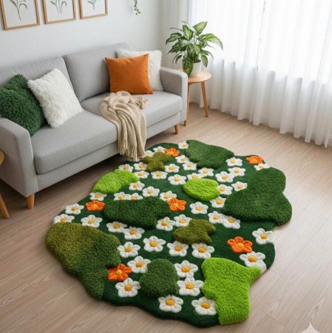 Tufted Moss Meadow Rug, Daisy Flower Carpet, Nature Inspired Area Rug ...