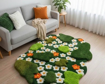 Tufted Moss Meadow Rug, Daisy Flower Carpet, Nature Inspired Area Rug