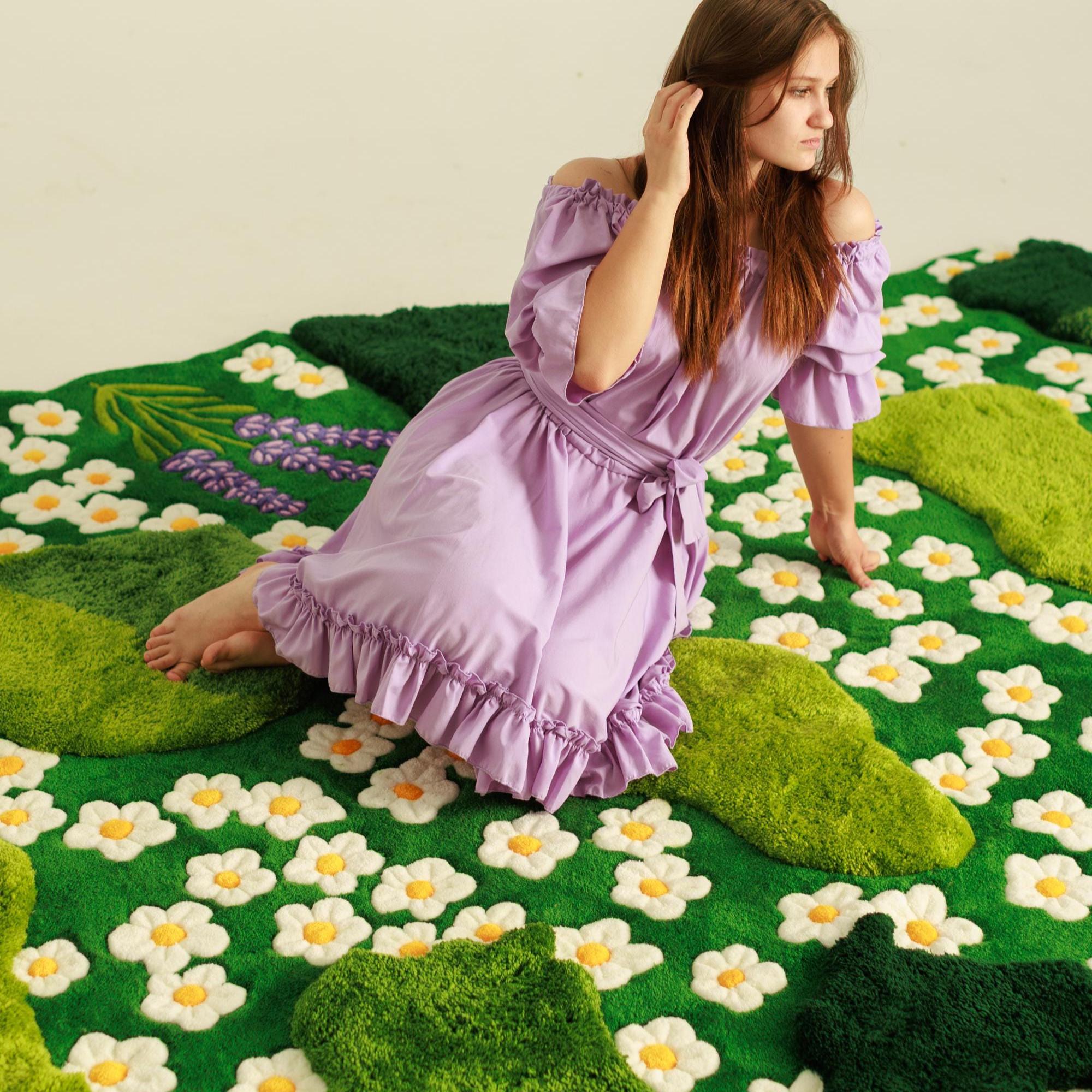 Extra Large Moss Rug – Irregular Green Floral Area Rug for Nursery ...