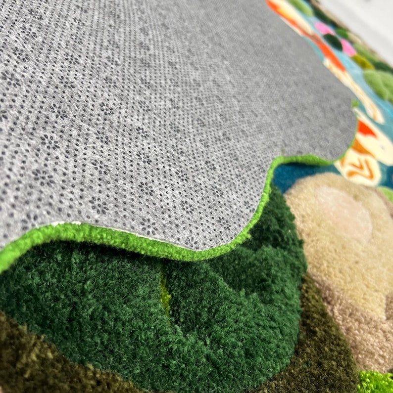 Oversized hand tufted koi pond area rug with layered 3D texture, inspired by Japanese garden and nature