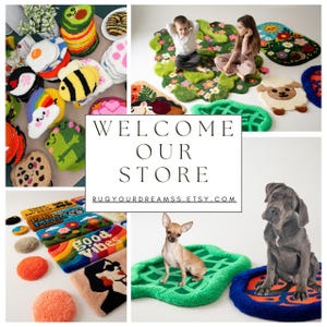 May include: A collage of colorful, handmade rugs in various shapes and designs. The rugs include food-themed designs like an egg and avocado, animal shapes like a bee and frog, and text-based designs with phrases like "Good Vibes". The text "WELCOME OUR STORE" is also visible.
