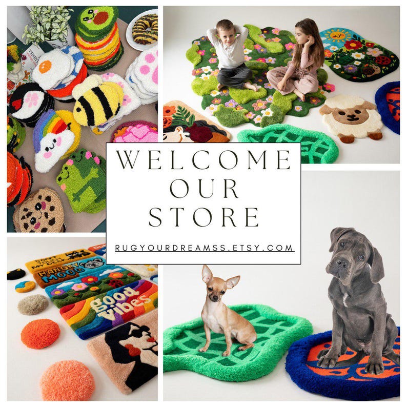 May include: A collage of colorful, handmade rugs in various shapes and designs. The rugs include food-themed designs like an egg and avocado, animal shapes like a bee and frog, and text-based designs with phrases like "Good Vibes". The text "WELCOME OUR STORE" is also visible.