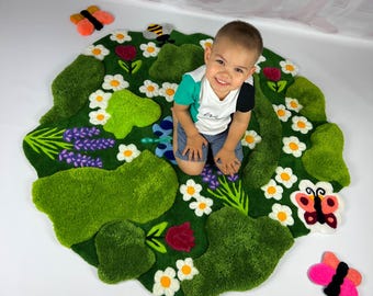 Moss Rug for Nursery – Handmade Floral Green Rug | Round Tufted Playmat | Irregular Circle Area Rug for Kids Room