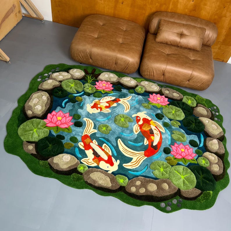 Pond/water Rug 3D Koi Pond Rug, Cottagecore Floor Decor for Zen Room, Handmade Tufted ...