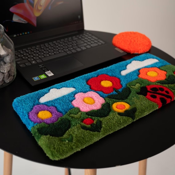 Keyboard Rug, Blossom Glade Rug, Wrist Rest, Floral desk mat, Cubicle decor, Multiple Designs Available, Custom tufted rug