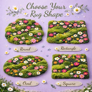 May include: A graphic display on a light purple background featuring four rug shapes: round, rectangle, oval, and square. Each rug is covered in green moss textures with colorful pink, white, and orange flowers. The text reads Choose Your Rug Shape.
