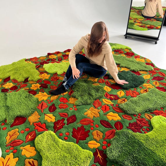 Moss Leaf Area Rug, 3D Autumn Meadow Rug, Handmade Leaf Rug for