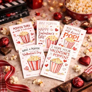 May include: Valentine's Day greeting cards with popcorn illustrations. The cards have red and white striped popcorn containers and various phrases like "Poppin Thru with a Valentine" and "You Make My Heart POP!"