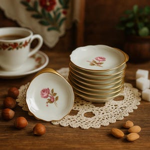 May include: A stack of small, white porcelain plates with a gold rim and a pink rose design. The plates are on a white lace doily, with a cup of coffee and hazelnuts in the background. The plates are approximately 4 inches in diameter.