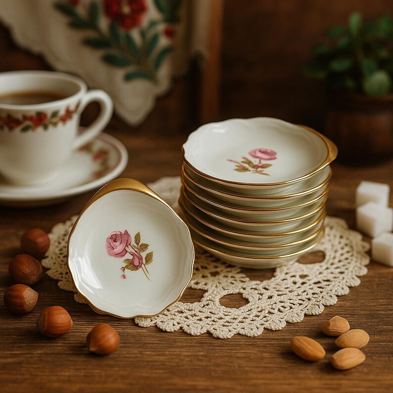 May include: A stack of small, white porcelain plates with a gold rim and a pink rose design. The plates are on a white lace doily, with a cup of coffee and hazelnuts in the background. The plates are approximately 4 inches in diameter.