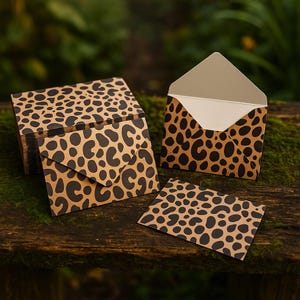 May include: A stack of kraft paper envelopes and cards with a black leopard print pattern. One envelope is open, revealing a white interior. The stationery is arranged on a wooden surface with a blurred green background.