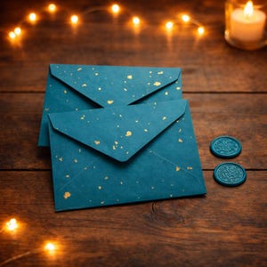 May include: Two teal envelopes with gold flecks and pointed flaps are stacked on a wooden surface. Two teal wax seals with a floral design are next to the envelopes. A lit candle and string lights are in the background.