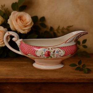 May include: A vintage porcelain gravy boat with a pink and white floral design. The boat features a curved handle and spout, with a pink lattice pattern and floral accents. The rim is trimmed with a gold-colored line.